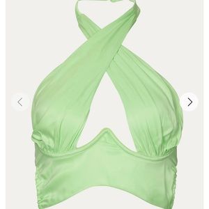 For Love and Lemons Rana Cropped Crossed Front Open-Back Top Green Small